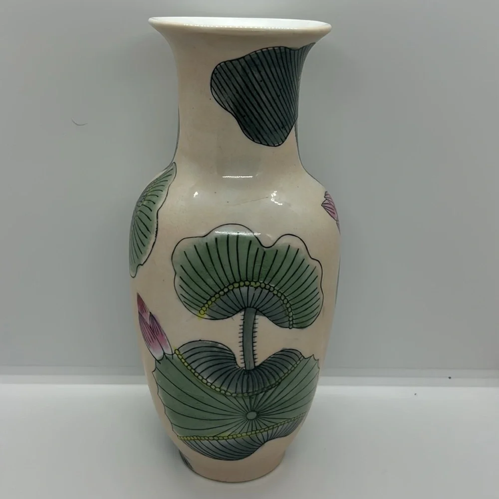 Floral Ceramic Vase with Lotus Design Vintage Handpainted Chinese Porcelain